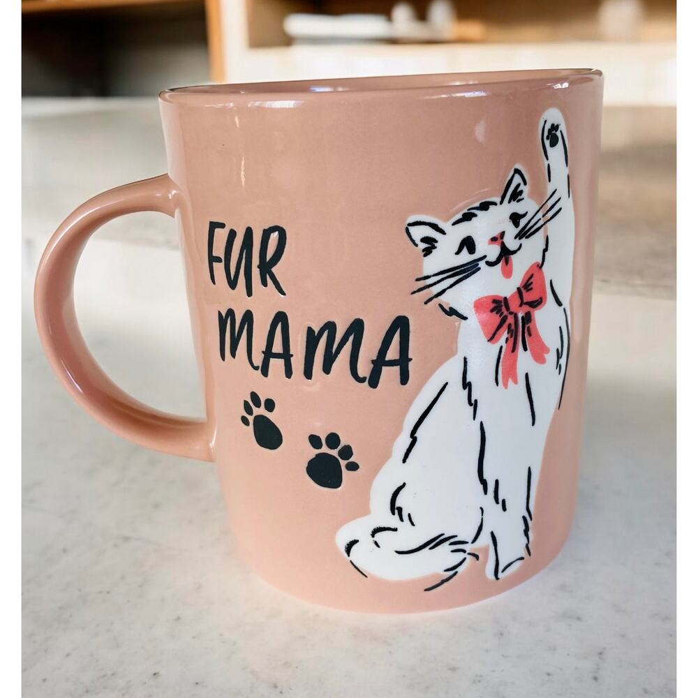 NEW Beautiful Pink Fur Mama White Cat Kitten w/ Bow 20 oz Coffee Tea Mug